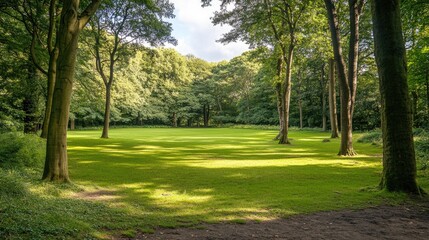 Obraz premium Sunlit Green Meadow Surrounded by Lush Trees