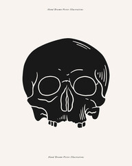 Hand-drawn illustration of a human skull in bold black lines on a light background. Minimalist design suitable for tattoos, logos, posters, or gothic-themed artwork.