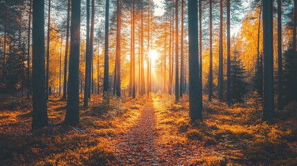 Obraz premium Autumn Sunlight Illuminates Forest Path Through Trees