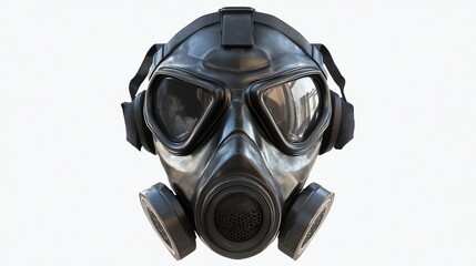 Black gas mask with head straps and filters isolated on white background.