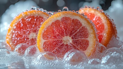 Three juicy grapefruit halves submerged in bubbly water.