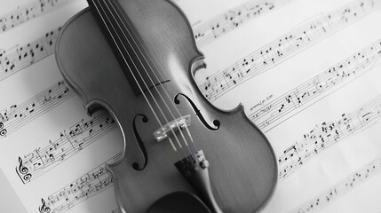 Fototapeta premium Monochrome violin rests on sheet music.