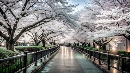 Obraz premium Cherry blossom trees in full bloom a walking path and lit cherry blossoms