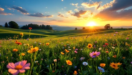 Fototapeta premium Sunset Wildflower Meadow: Vibrant Blooms in Golden Hour