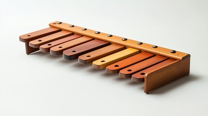 Wooden xylophone with various colored keys on a white background.