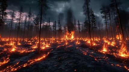 A dramatic landscape of a forest fire engulfing trees and terrain.