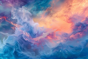 Abstract art depicting wispy clouds in a pastel blue and orange color palette, Wispy clouds floating lazily in a sea of pastel colors