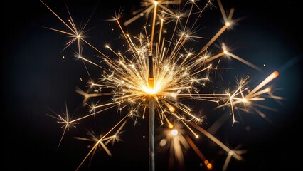 Obraz premium A vibrant close-up of a burning firework sparkler against a dark background, capturing the bright, fiery trails and radiant sparks.