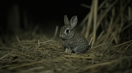 Fototapeta premium Baby Rabbit Sitting on Straw in Dark Rustic Setting