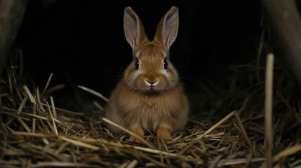 Fototapeta premium Cute Brown Bunny Sitting in Hay with Dark Background