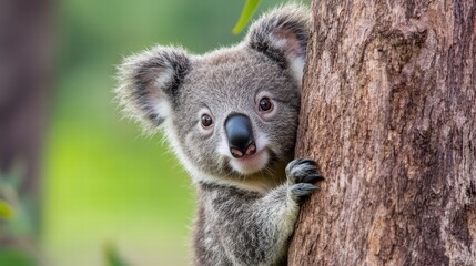 Fototapeta premium Adorable Koala Peeking from Behind Tree in Natural Habitat