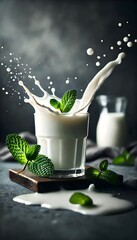 ayran doogh buttermilk kefir, a glass of probiotic yogurt milk with splash, and mint leaves, vertical dark background