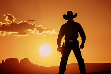 a rancher herding cattle, sunset silhouettes, dust adding atmosphere