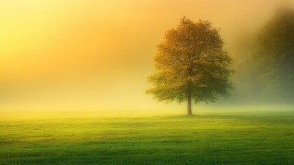 Naklejka premium Solitary Tree in a Misty Golden Field