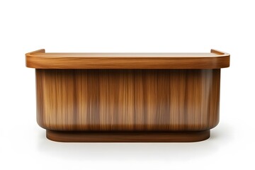 Front view of modern brown wooden counter with smooth polished edges and minimalistic design, isolated on white background, perfect for contemporary furniture and interior concepts