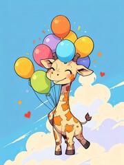 Adorable Giraffe Soaring with Colorful Balloons: A Whimsical Celebration