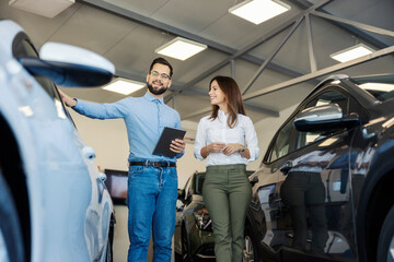 Car seller with tablet in hands showing luxury car for a female customer at car salon.