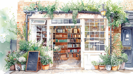 Charming bookshop entrance filled with greenery, inviting book lovers into a world of stories, perfect for retail and lifestyle content