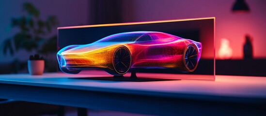 Holographic sports car displayed on a screen in a modern home.