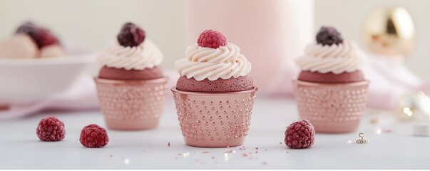 Three beautifully decorated cupcakes with raspberry toppings, set against a soft, elegant backdrop, perfect for a sweet celebration.