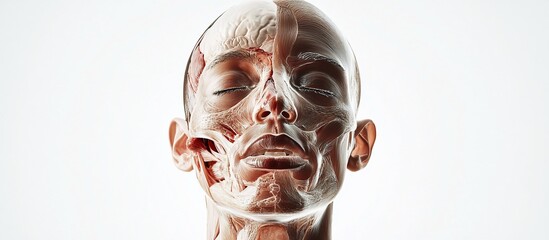 Transparent head revealing facial muscles and bones.