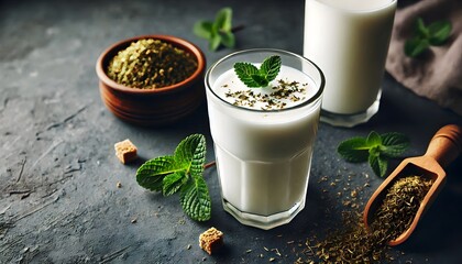 ayran doogh buttermilk kefir, a glass of probiotic yogurt milk with splash, and mint leaves, horizontal dark background