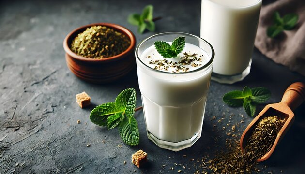 ayran doogh buttermilk kefir, a glass of probiotic yogurt milk with splash, and mint leaves, horizontal dark background