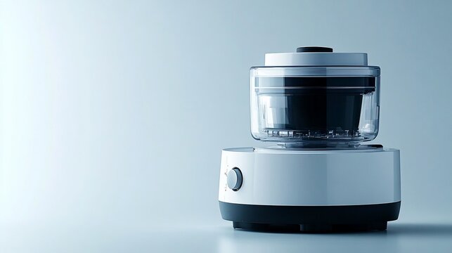 Modern white electric food processor on a light blue background.