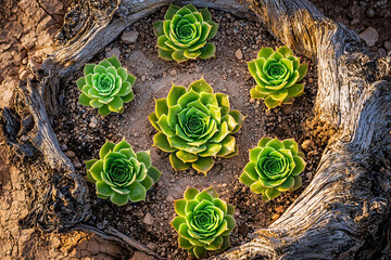 succulent plants arranged symbolically, desert garden setting