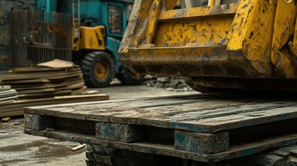 Fototapeta premium Dirty Yellow Excavator Bucket Over Wooden Pallet