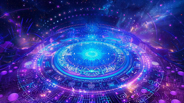 Mystical Magic Circle with Ancient Runes Glowing in Space with Purple Energy Portal - Powered by Adobe