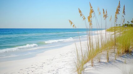 Serene Seascape White Sand Beach And Sea Oats
