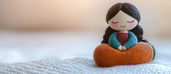 Serene handmade doll in lotus position on soft textile.