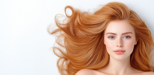 Fototapeta premium Trendy hairstyle inspiration featuring a girl with flowing hair on a minimalistic background in a bright, clean setting