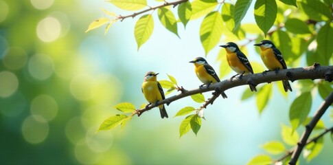 Obraz premium Sunny day, many small birds perched on tree branch , wildlife, birds, joyful