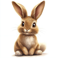 Obraz premium Charming brown hare clipart with a three-dimensional, cute design. The hare has long floppy ears, soft brown fur, large shiny eyes, and an innocent, happy face. Sitting in a relaxed pose