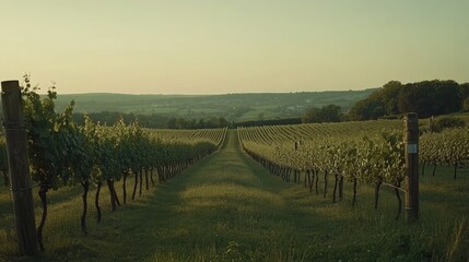 Naklejka premium Serene Vineyard Rows Stretching Towards Distant Hills