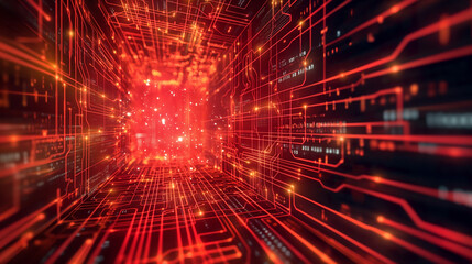 Obraz premium Digital red circuit network resembling futuristic data flow or matrix.