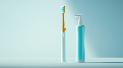 Electric toothbrush and mouthwash bottle on blue background.