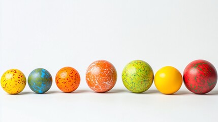 Obraz premium Colorful speckled Easter eggs in a row on white background.