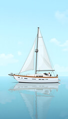 Fototapeta premium Elegant sailing boat with red flags and reflection on calm water, artistic design