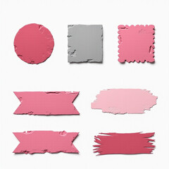 A collection of textured paint swatches in various shades of pink and gray, showcasing different shapes and finishes.