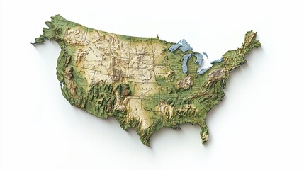 Detailed 3D relief map of the United States showing topography and geographical features.