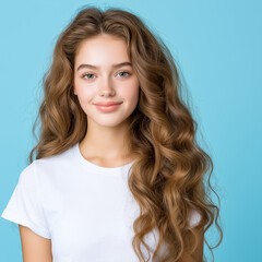 Fototapeta premium Trendy girl with beautiful, wavy hair posing against a vibrant blue background in a casual white t-shirt