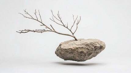 A barren, leafless branch sprouts from a floating rock against a stark white background.