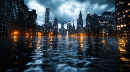 Obraz premium Dramatic city skyline reflected in water under moody clouds.