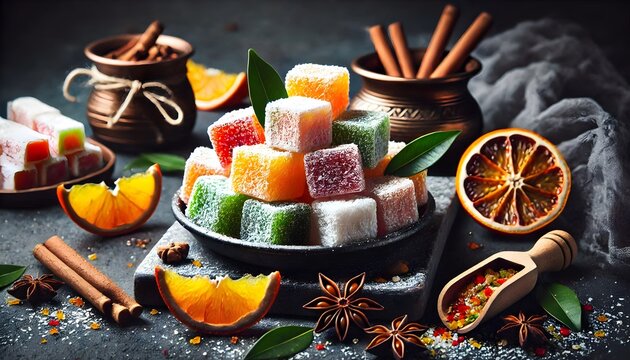 Turkish delight lokum sweet dessert with pistachio, horizontal dark background