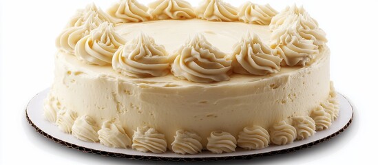 Delicious vanilla buttercream frosted cake on a cake board.