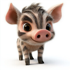 Fototapeta premium European wild boar piglet clipart. The piglet has soft striped fur, large round eyes, a small pink snout, and a playful, happy expression. Standing on short legs