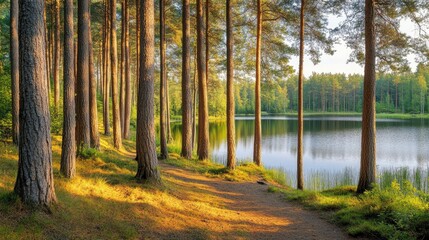 Fototapeta premium Sunlit Pine Trees Beside a Calm Forest Lake